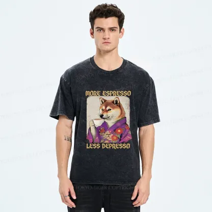 Tokyo-Tiger Shiba Inu Drinking Coffee Washed T-Shirt
