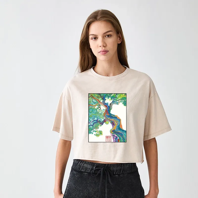 Tokyo-Tiger Colorful Magic Tree Women's Washed Crop T-Shirt