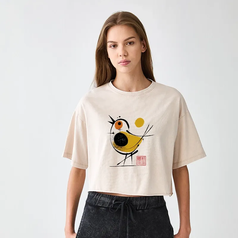 Tokyo-Tiger Aesthetic Yellow And Black Bird Women's Washed Crop T-Shirt