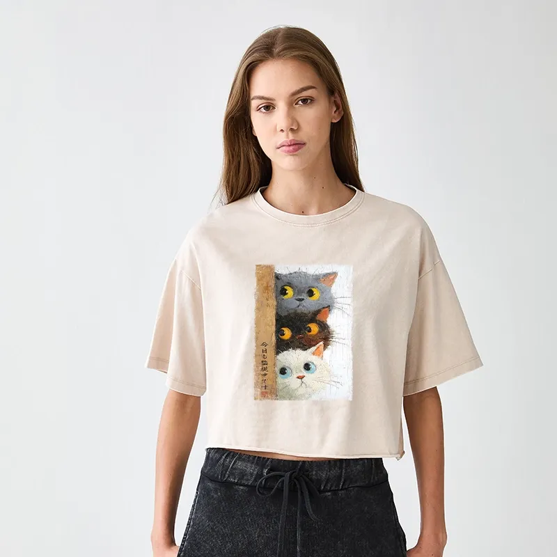 Tokyo-Tiger Three Cute Cats Watch You Women's Washed Crop T-Shirt