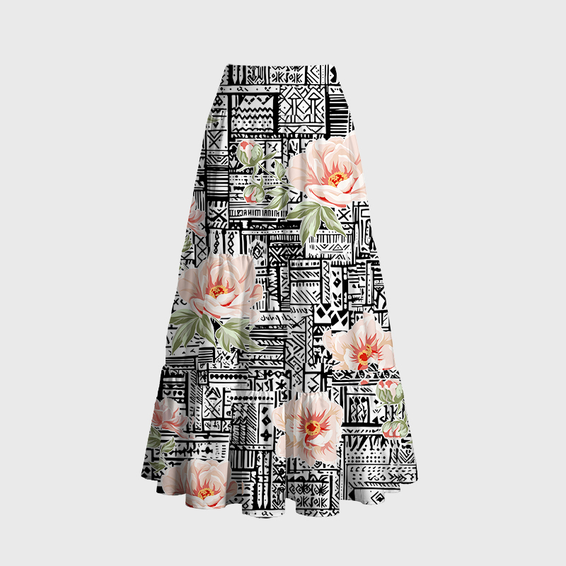Tokyo-Tiger Flowers In Line Art Maxi Skirt