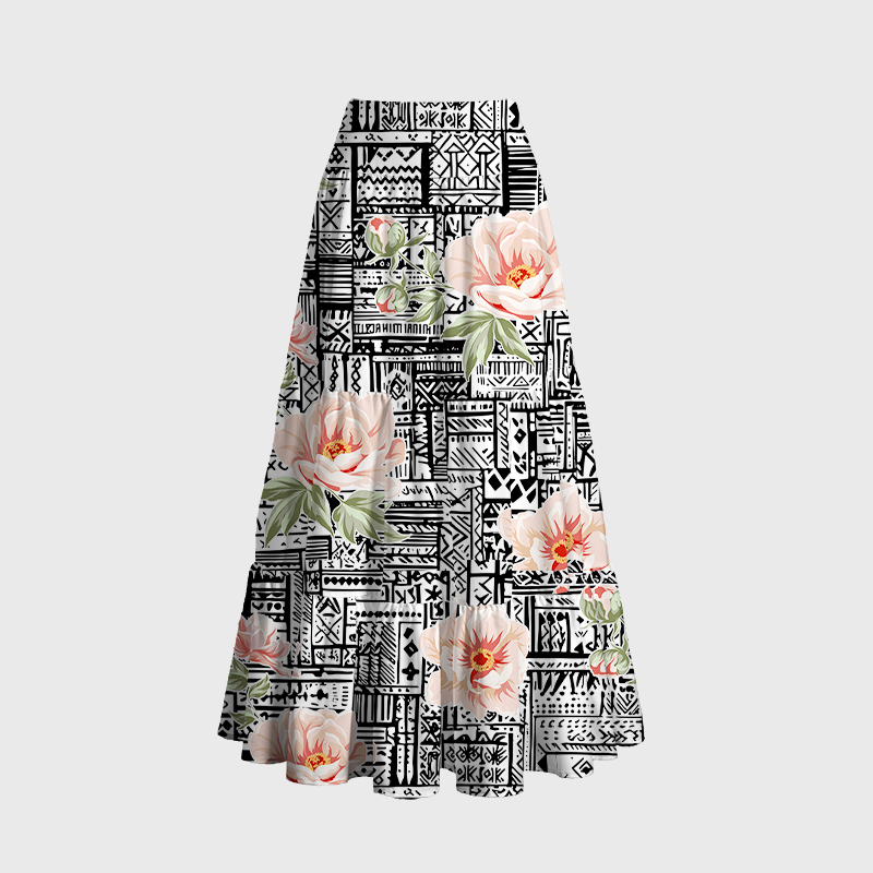 Tokyo-Tiger Flowers In Line Art Maxi Skirt