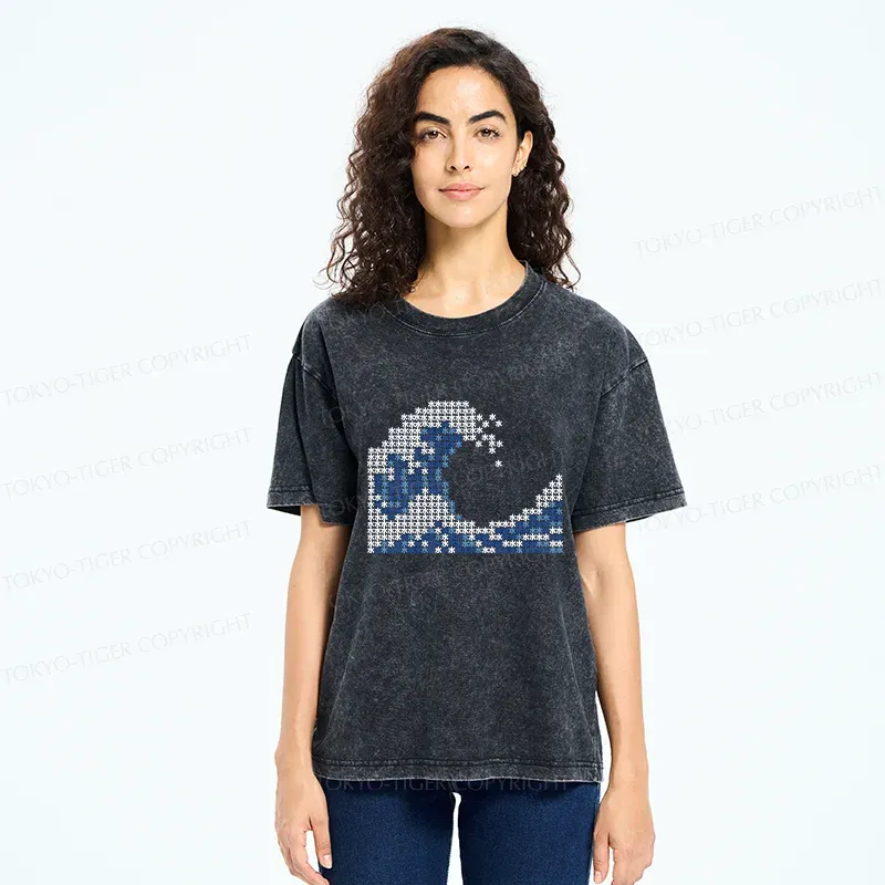Tokyo-Tiger Ukiyo-e Waves Kanji Washed T-Shirt