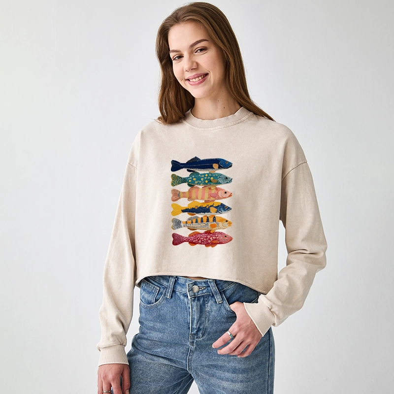 Tokyo-Tiger Colorful Fish Art Collection Washed Crop Sweatshirt