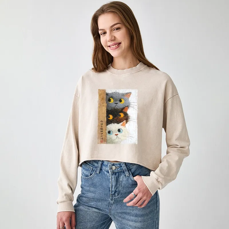 Tokyo-Tiger Three Cute Cats Watch You Washed Crop Sweatshirt