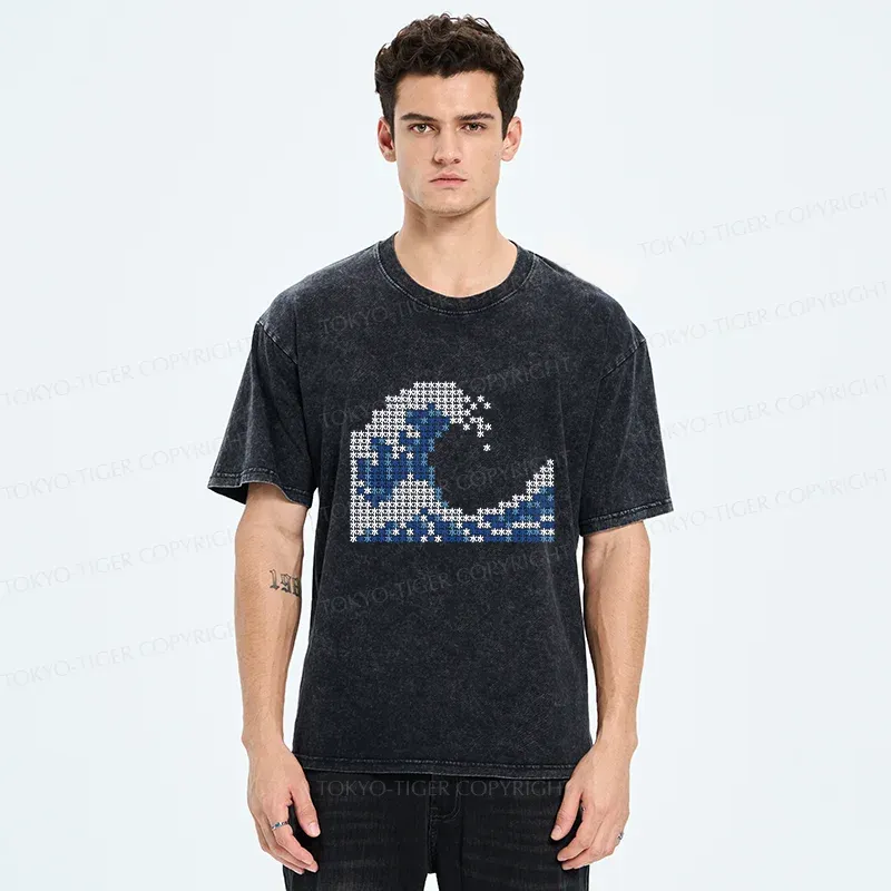 Tokyo-Tiger Ukiyo-e Waves Kanji Washed T-Shirt