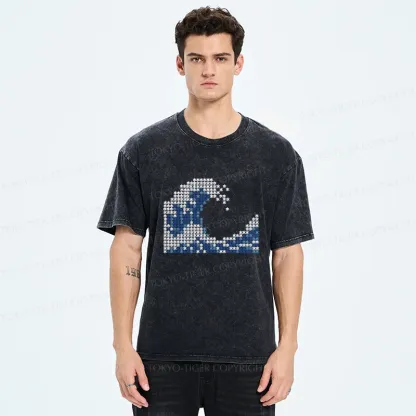 Tokyo-Tiger Ukiyo-e Waves Kanji Washed T-Shirt