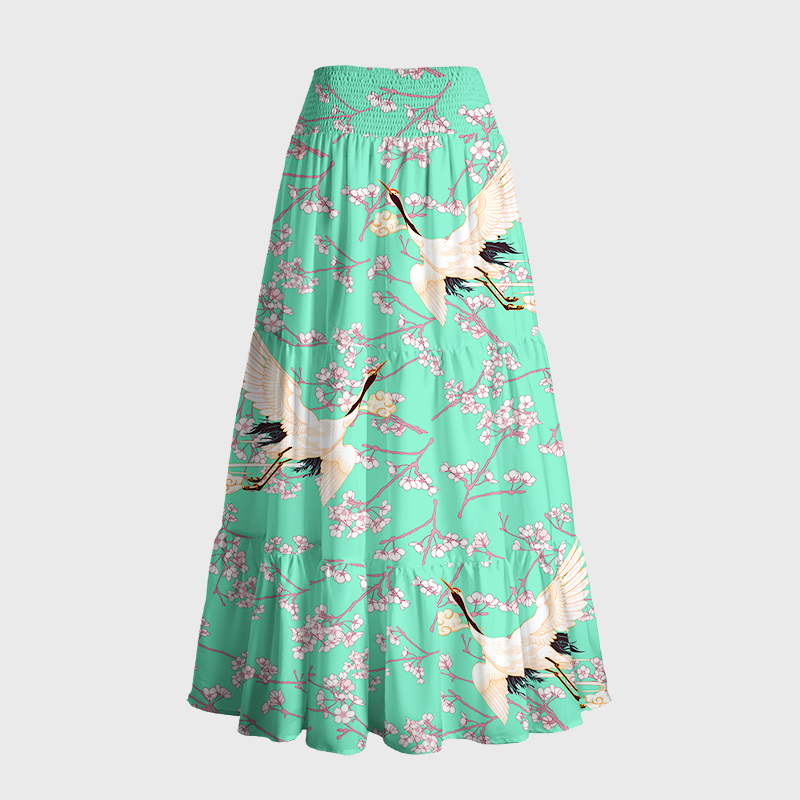 Tokyo-Tiger Cranes And Sakura Maxi Skirt