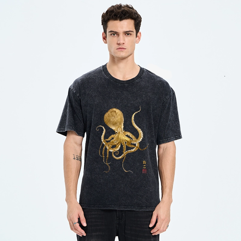 Tokyo-Tiger Japanese Style Octopus Painting Washed T-Shirt