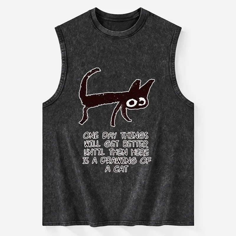 Tokyo-Tiger Cat Cheer Up Drawing Washed Tank
