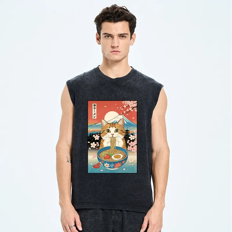 Tokyo-Tiger Funny Orange Cat Eating Ramen Japan Washed Tank