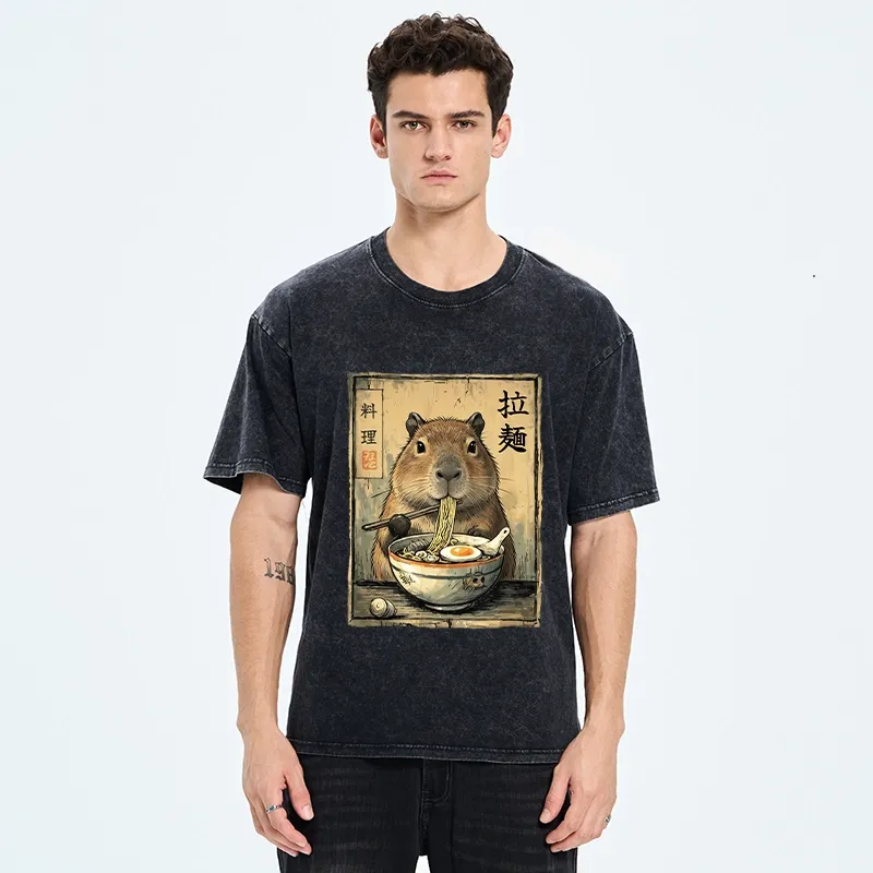 Tokyo-Tiger Capybara Enjoying A Bowl Of Ramen Washed T-Shirt