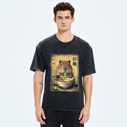 Tokyo-Tiger Capybara Enjoying A Bowl Of Ramen Washed T-Shirt