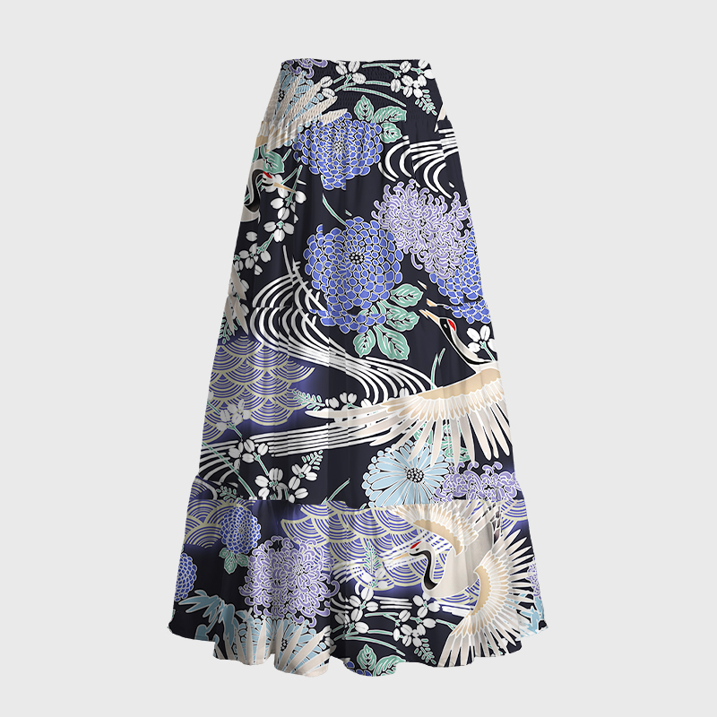 Tokyo-Tiger Cranes And Blooms Maxi Skirt