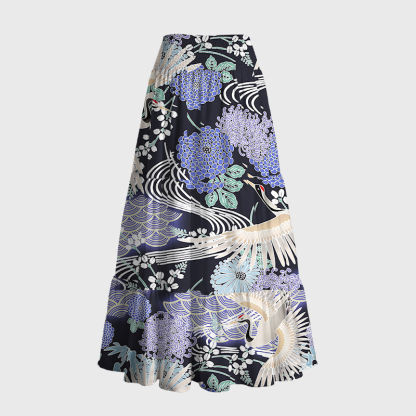 Tokyo-Tiger Cranes And Blooms Maxi Skirt
