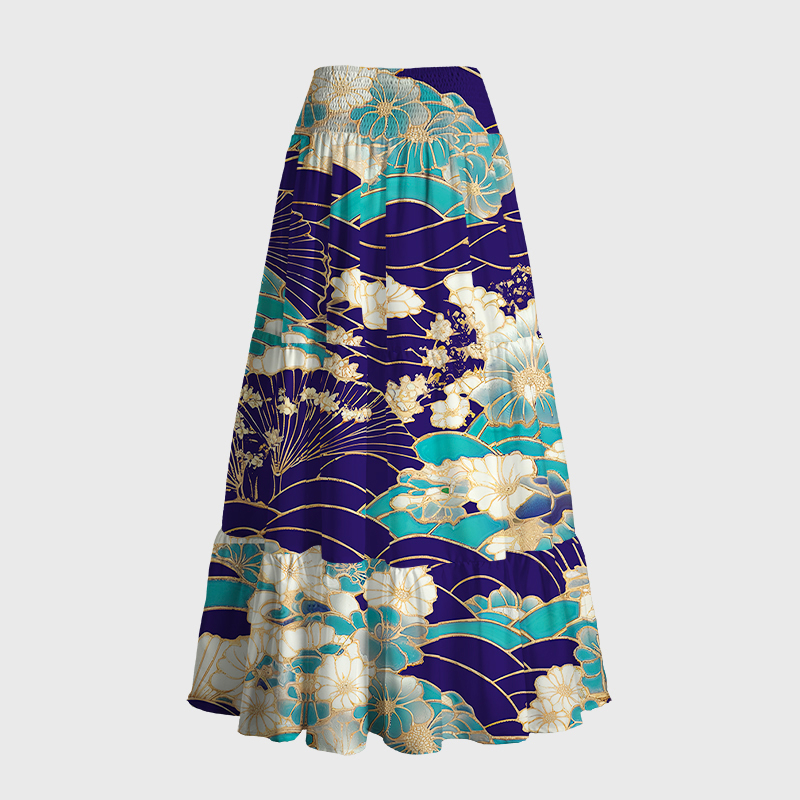 Tokyo-Tiger Gold Stroke Flowers Maxi Skirt