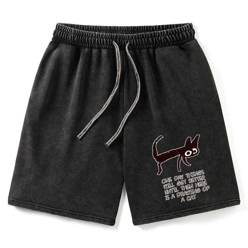 Tokyo-Tiger Cat Cheer Up Drawing Washed Shorts