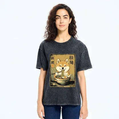 Tokyo-Tiger Happy Shiba Eating Ramen Washed T-Shirt