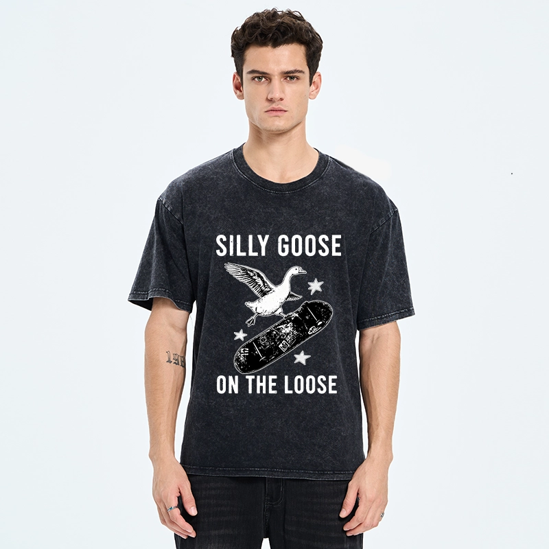 Tokyo-Tiger Cool Goose On Skateboard Washed T-Shirt