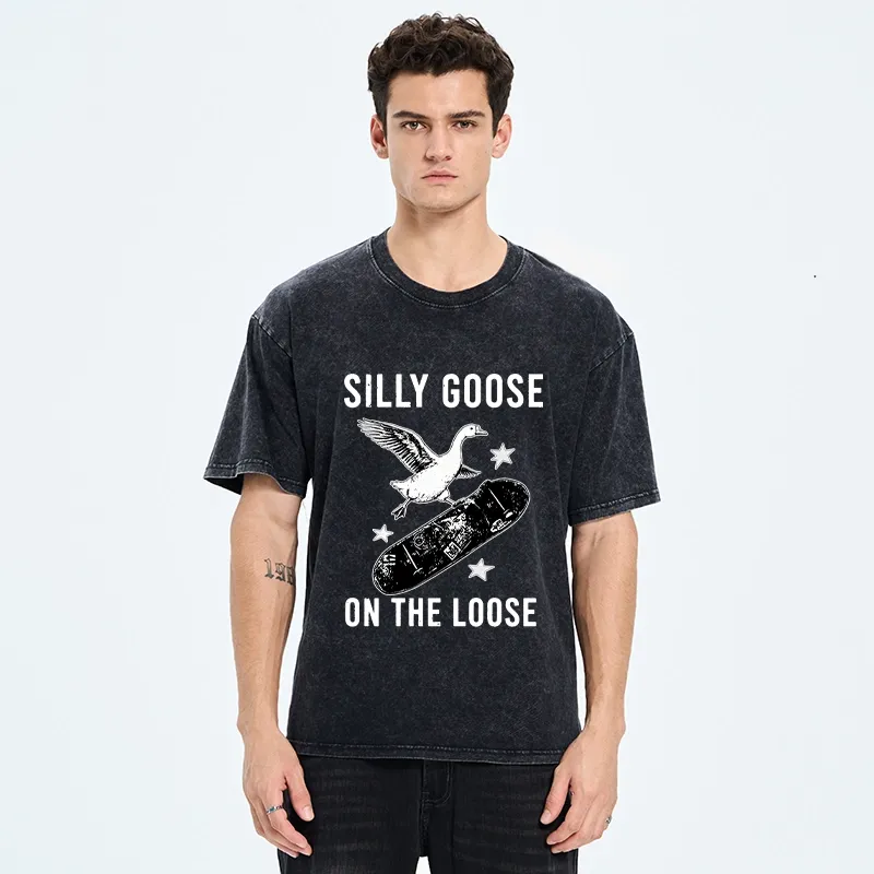 Tokyo-Tiger Cool Goose On Skateboard Washed T-Shirt