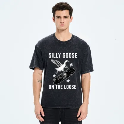 Tokyo-Tiger Cool Goose On Skateboard Washed T-Shirt