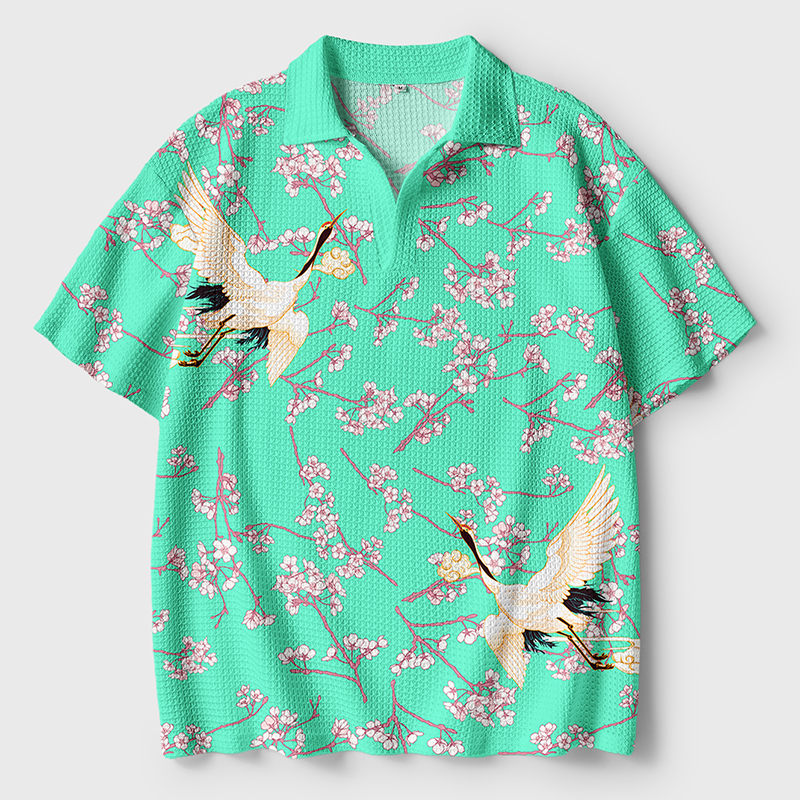 Tokyo-Tiger Cranes And Sakura Crochet Polo Shirt