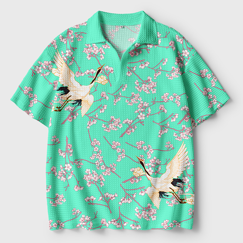 Tokyo-Tiger Cranes And Sakura Crochet Polo Shirt