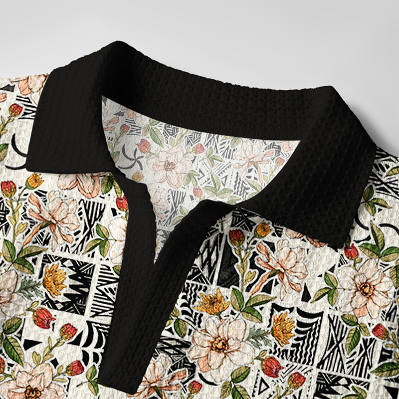 Tokyo-Tiger Tropical Floral Delight Crochet Polo Shirt