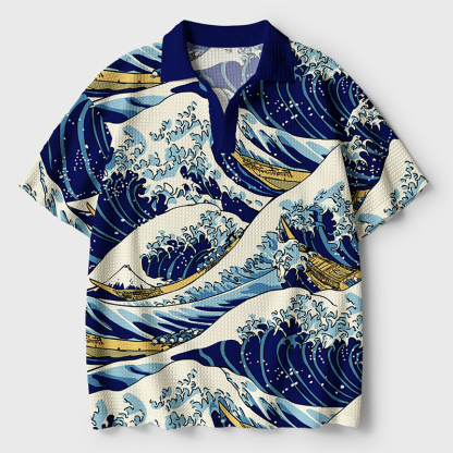 Tokyo-Tiger Japanese Great Wave Crochet Polo Shirt