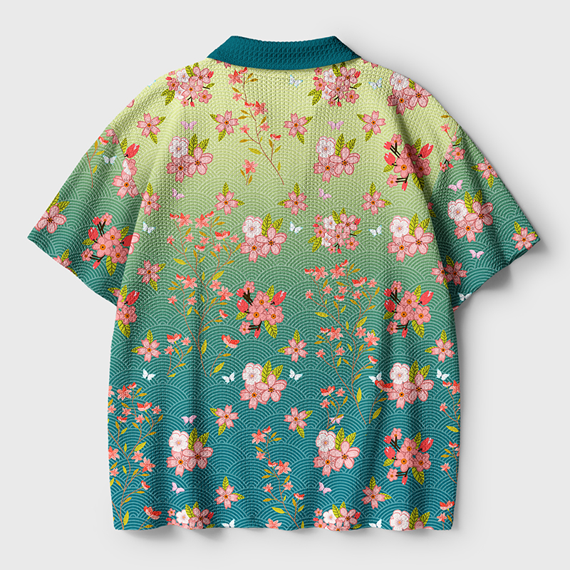 Tokyo-Tiger Sakura Blossom Waves Crochet Polo Shirt