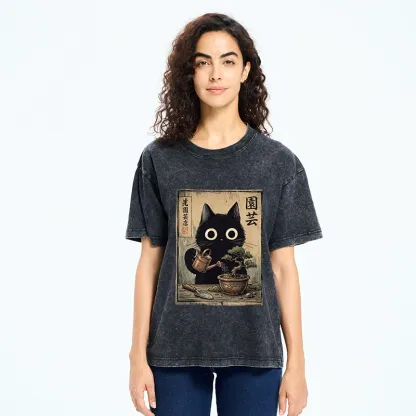 Tokyo-Tiger Black Cat Watering Bonsai Tree Washed T-Shirt