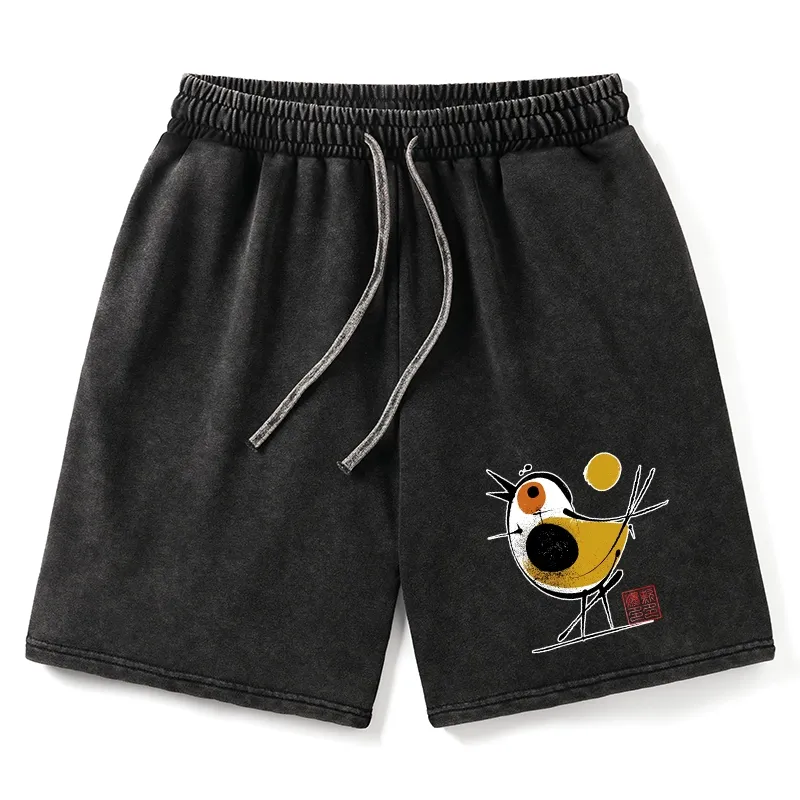 Tokyo-Tiger Aesthetic Yellow And Black Bird Washed Shorts