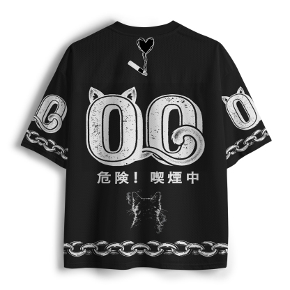 Tokyo-Tiger Retro Cat Smoking Funny Mesh Jersey
