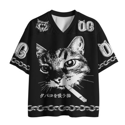 Tokyo-Tiger Retro Cat Smoking Funny Mesh Jersey