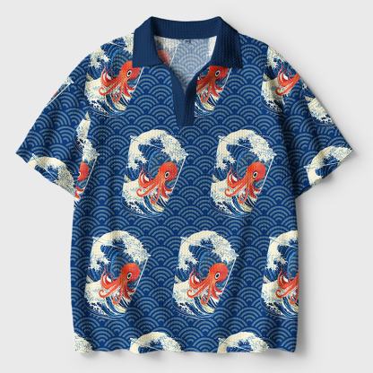 Tokyo-Tiger Great Wave Off Octopus Crochet Polo Shirt