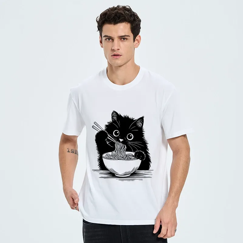 Tokyo-Tiger Black Cat Eating Ramen Funny Line Art Classic T-Shirt