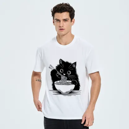 Tokyo-Tiger Black Cat Eating Ramen Funny Line Art Classic T-Shirt