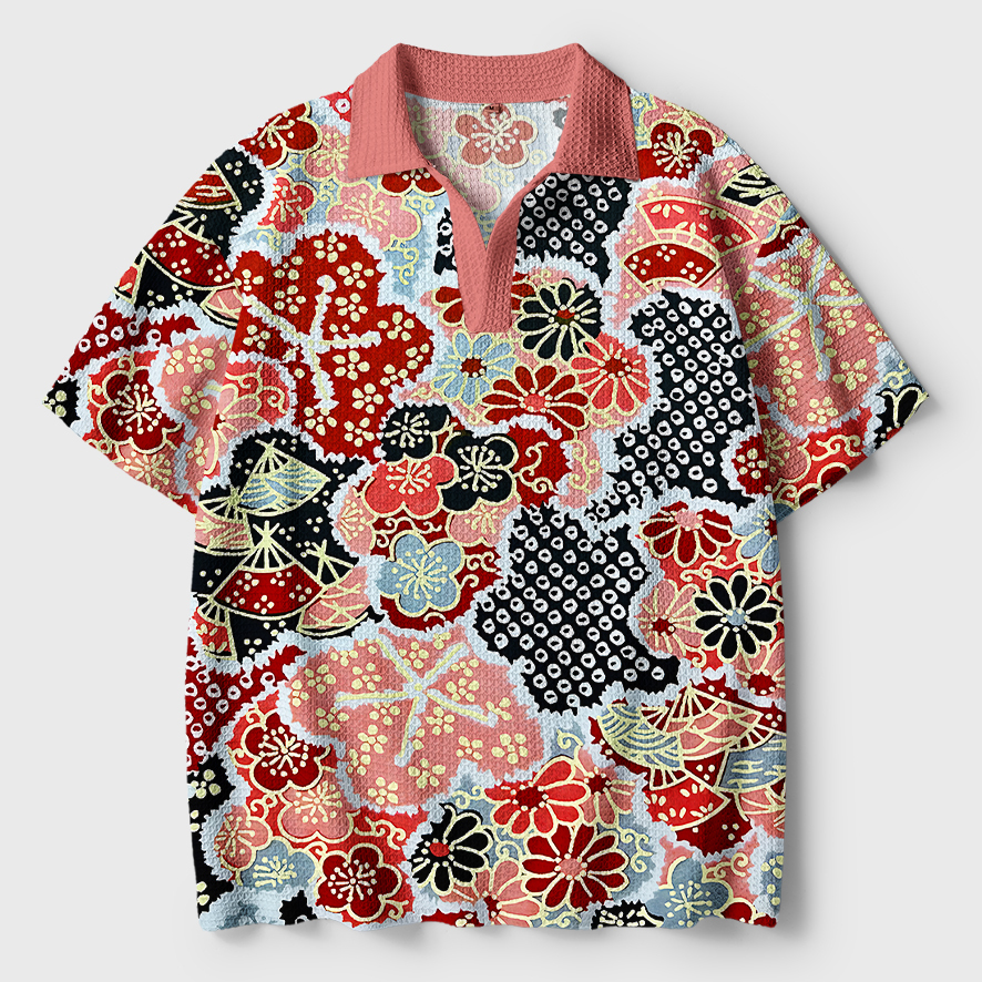 Tokyo-Tiger Floral Symphony Crochet Polo Shirt