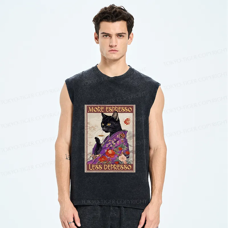 Tokyo-Tiger Japanese Cat Drinking Coffee Washed Tank