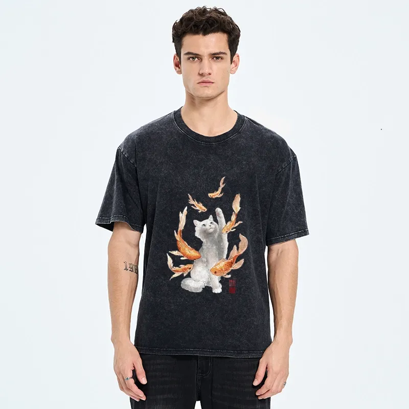 Tokyo-Tiger Fluffy Cat Chasing Koi Fish Dreams Washed T-Shirt