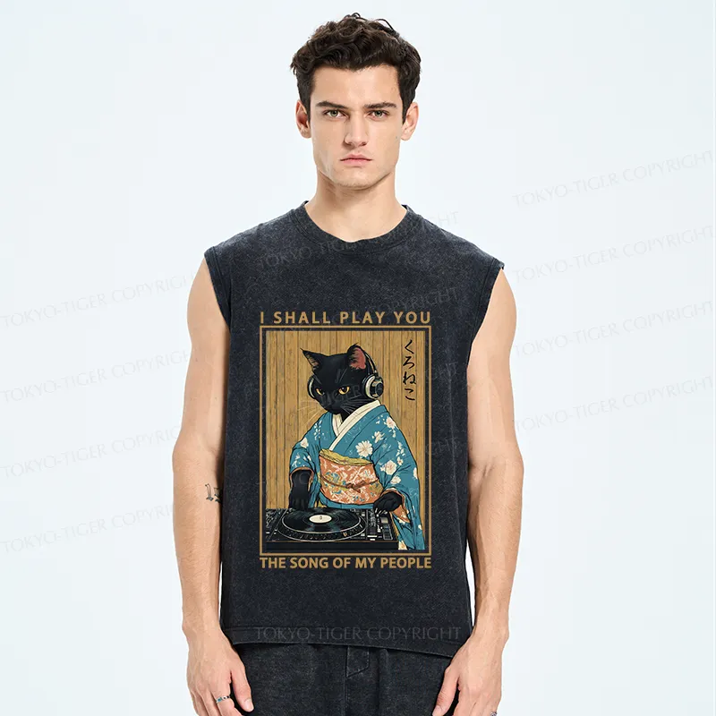 Tokyo-Tiger Funny Playing Music Black Cat Washed Tank