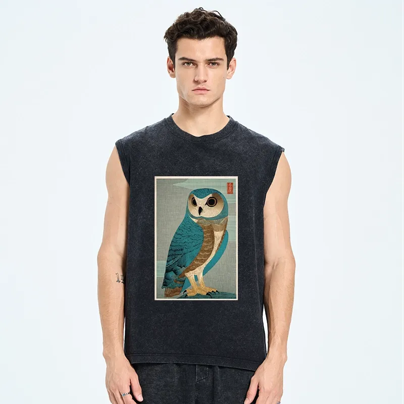 Tokyo-Tiger Vintage Owl Woodblock Art Washed Tank