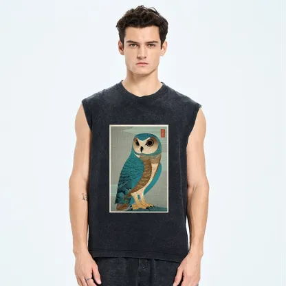 Tokyo-Tiger Vintage Owl Woodblock Art Washed Tank