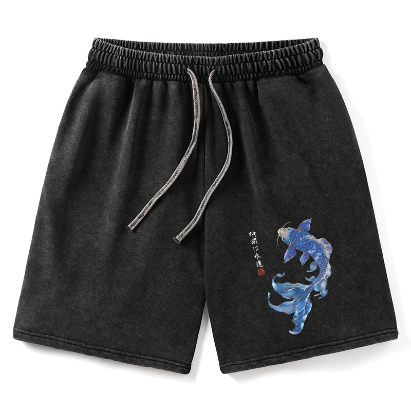 Tokyo-Tiger Lucky Blue Koi Fish Art Washed Shorts