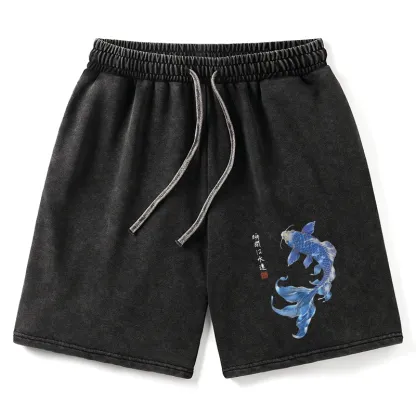 Tokyo-Tiger Lucky Blue Koi Fish Art Washed Shorts