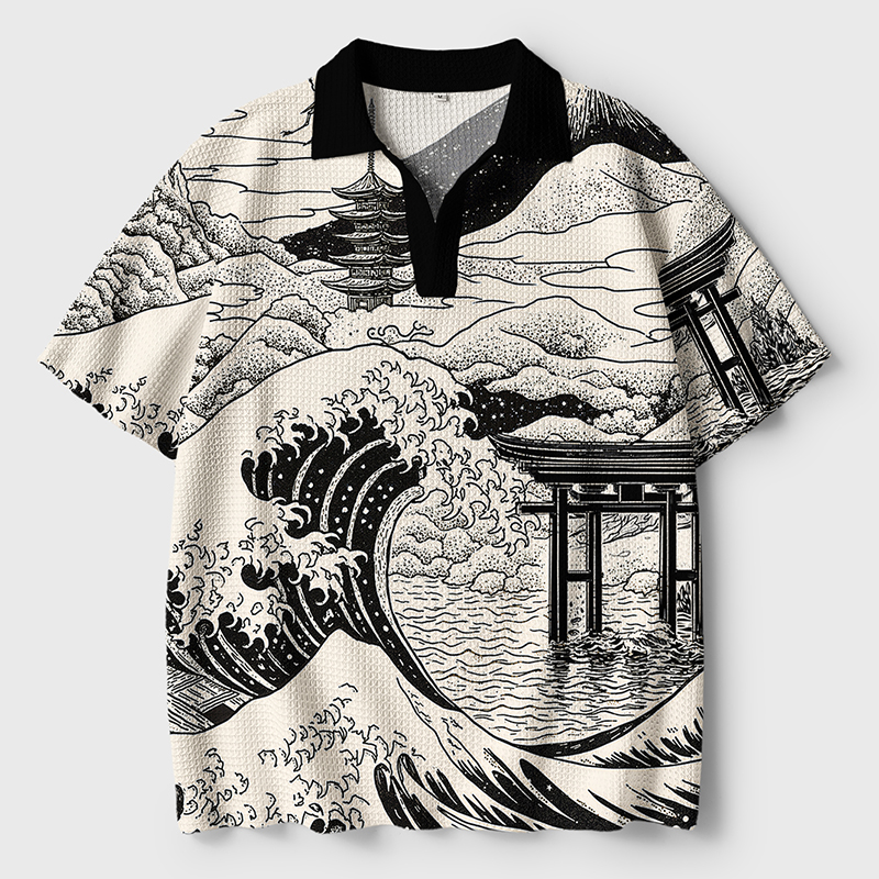 Tokyo-Tiger Retro Japanese landscape Crochet Polo Shirt