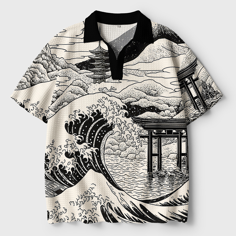 Tokyo-Tiger Retro Japanese landscape Crochet Polo Shirt
