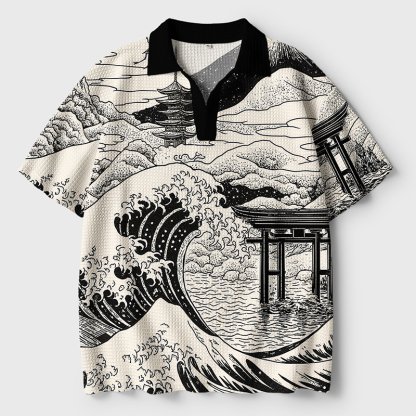 Tokyo-Tiger Retro Japanese landscape Crochet Polo Shirt