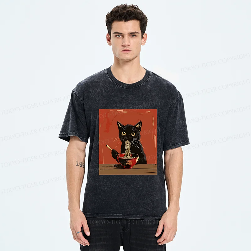 Tokyo-Tiger Japanese Black Cat Eating Ramen Washed T-Shirt