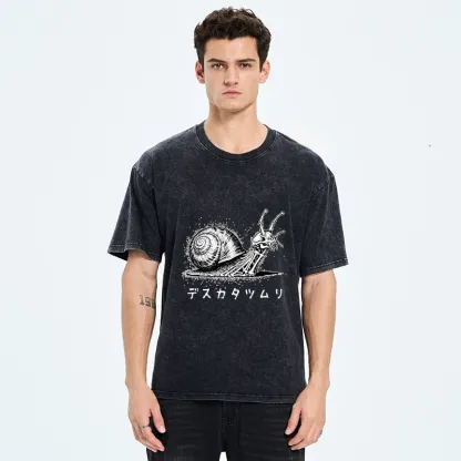 Tokyo-Tiger Creepy Skeleton Snail Inked Style Washed T-Shirt